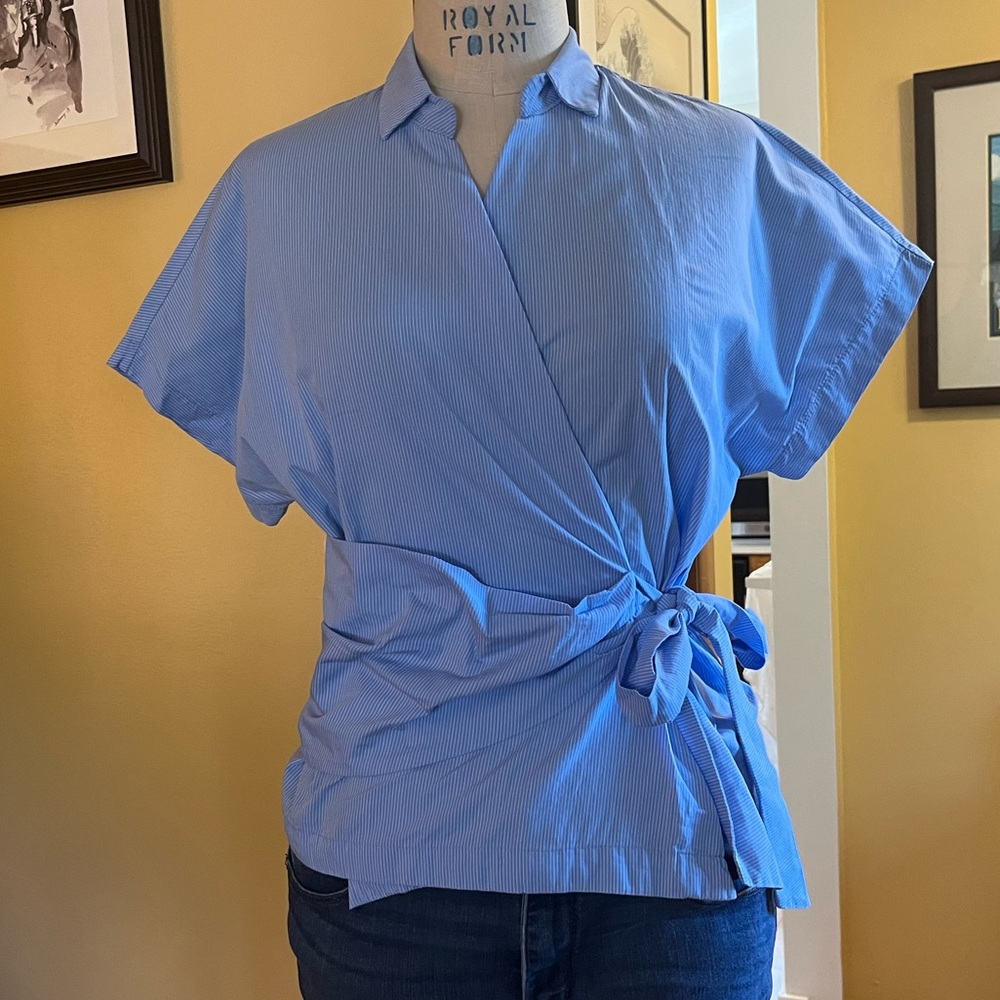 Blue pinstripe wrap blouse by Lusa